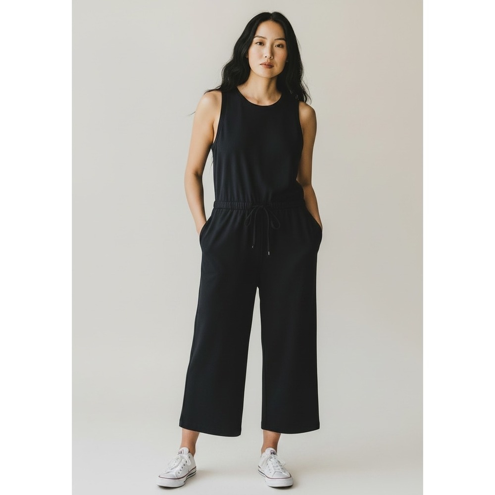 EILEEN FISHER Sleeveless Wide Leg Jumpsuit Sz L Black Minimalist Chic Travel